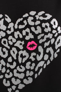 Crew Sweater - Black with Silver leopard Heart & Pink lips Print - Pre-Order 1-2 weeks
