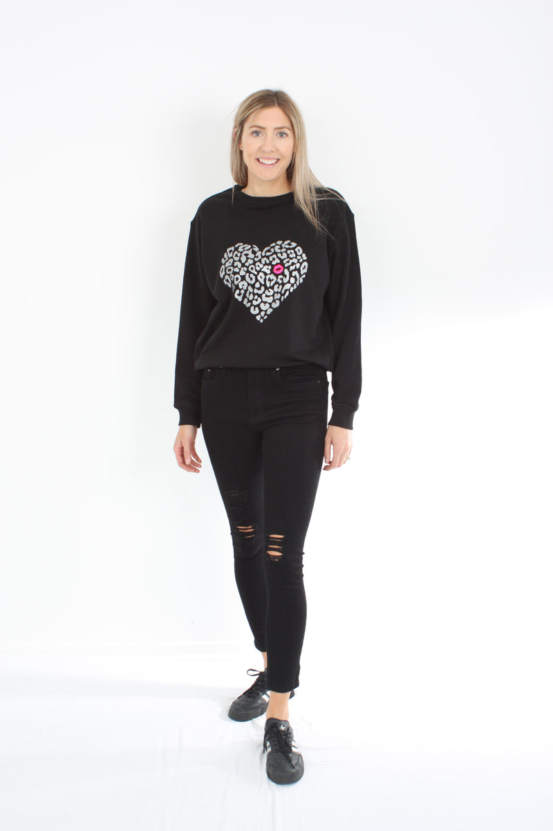 Crew Sweater - Black with Silver leopard Heart & Pink lips Print - Pre-Order 1-2 weeks