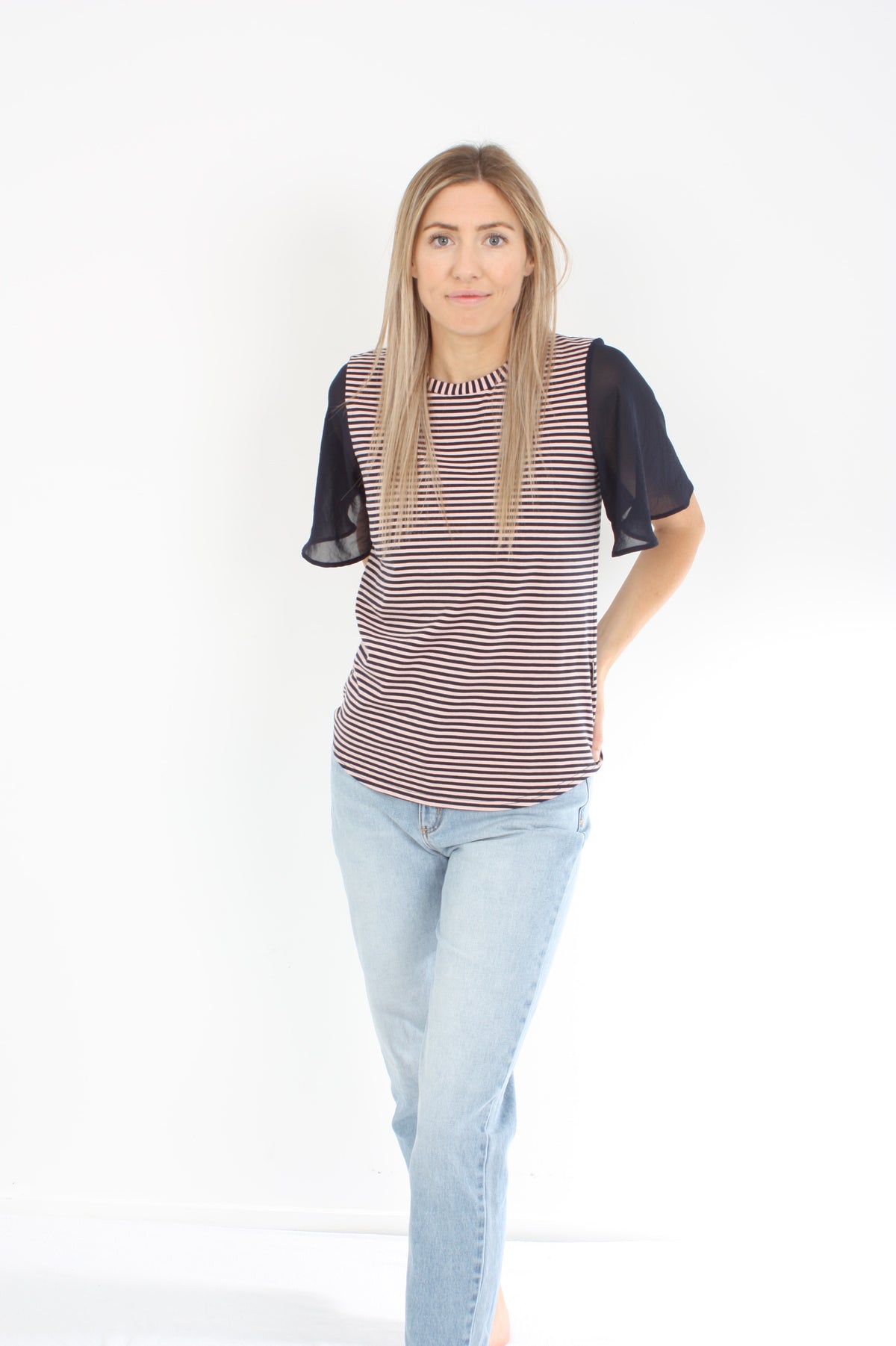 Donna Tee - Navy and Pink stripe