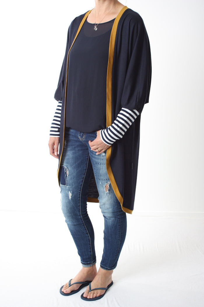 Cardi - Long - Navy Merino - Mustard Band with Navy and White Stripe Cuff - Pre-Order