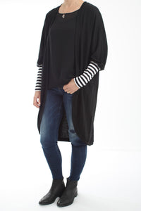 Cardi - Long - Black Merino - Thin Stripe Cuff - Pre-Order