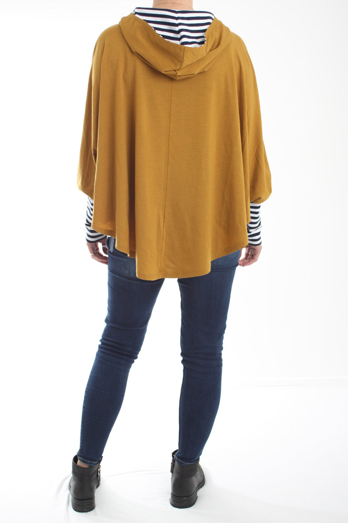 Hooded Poncho - Merino Mustard - White and Navy Stripe Trims - Pre-Order 2-3 weeks
