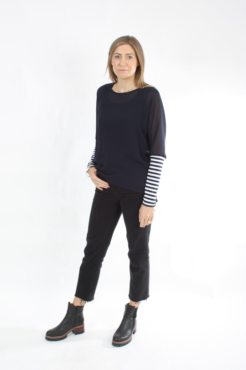 Chloe Top - Navy with Stripe Sleeve - Pre-Order