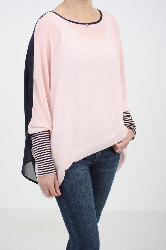 Alexa Top - Pink - Navy with Pink and Navy stripe Cuffs