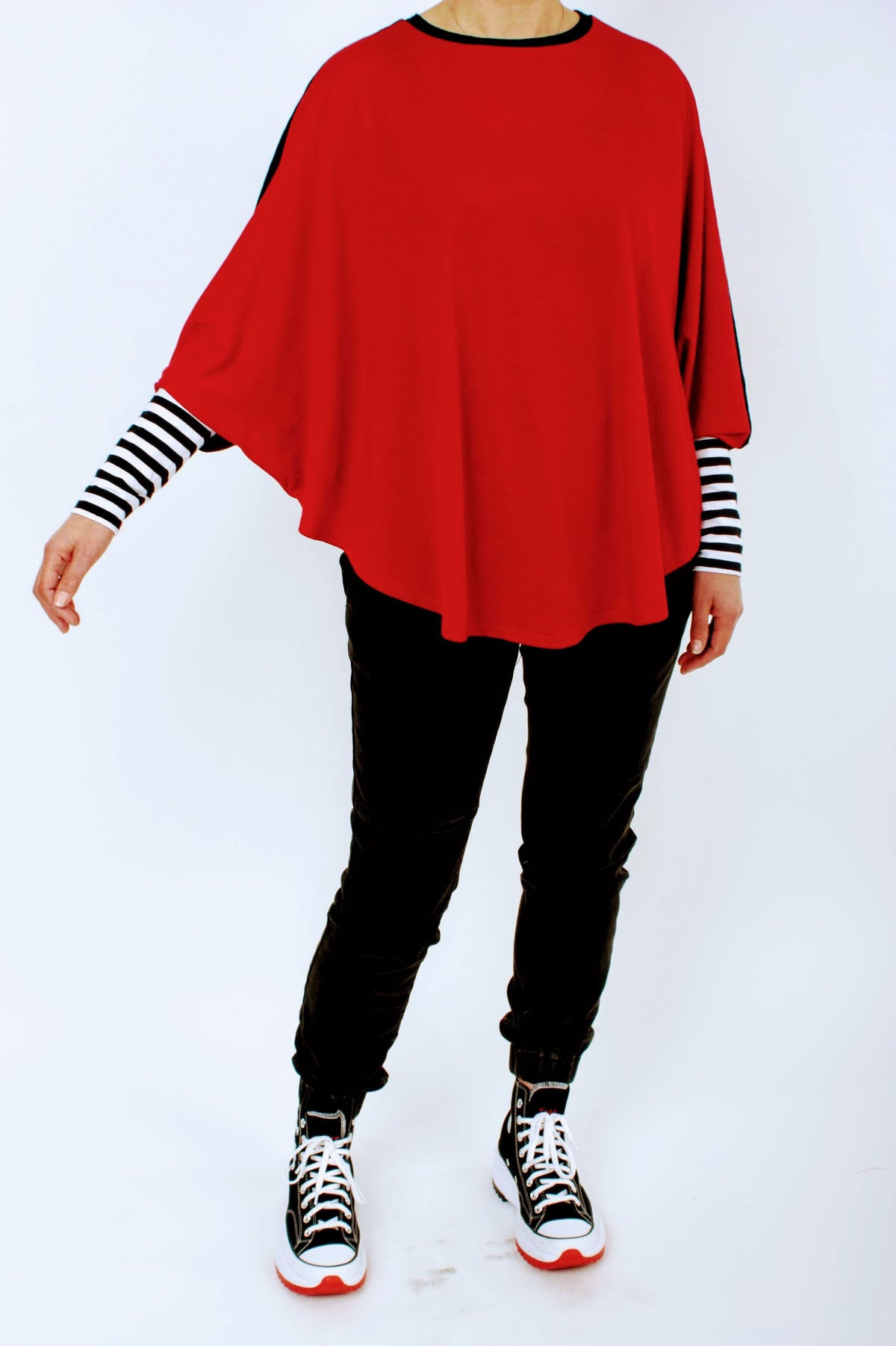 Poncho Merino Reversible - Red and Black with Black and White stripe Cuff - Pre Order 2 - 3 Weeks