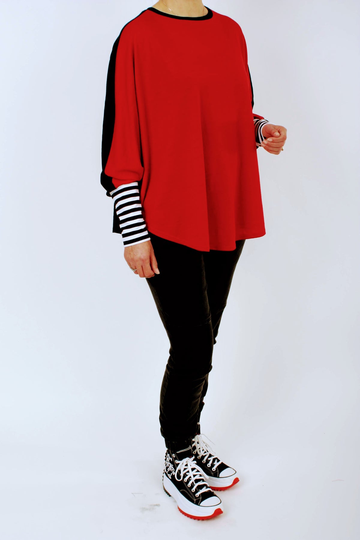 Poncho Merino Reversible - Red and Black with Black and White stripe Cuff - Pre Order 2 - 3 Weeks