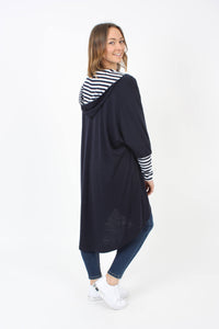 Hooded Cardi Long - Merino - Navy - Navy and White Stripe - Pre Order 2 - 3 Weeks