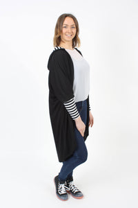 Hooded Cardi Long - Merino - Black - Black and White Stripe - Pre Order 2 - 3 Weeks