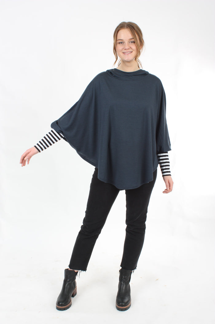 Hooded Poncho - Steel - with Navy Stripe or Black Stripe Trims - Pre Order