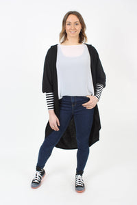 Hooded Cardi Long - Merino - Black - Black and White Stripe - Pre Order 2 - 3 Weeks