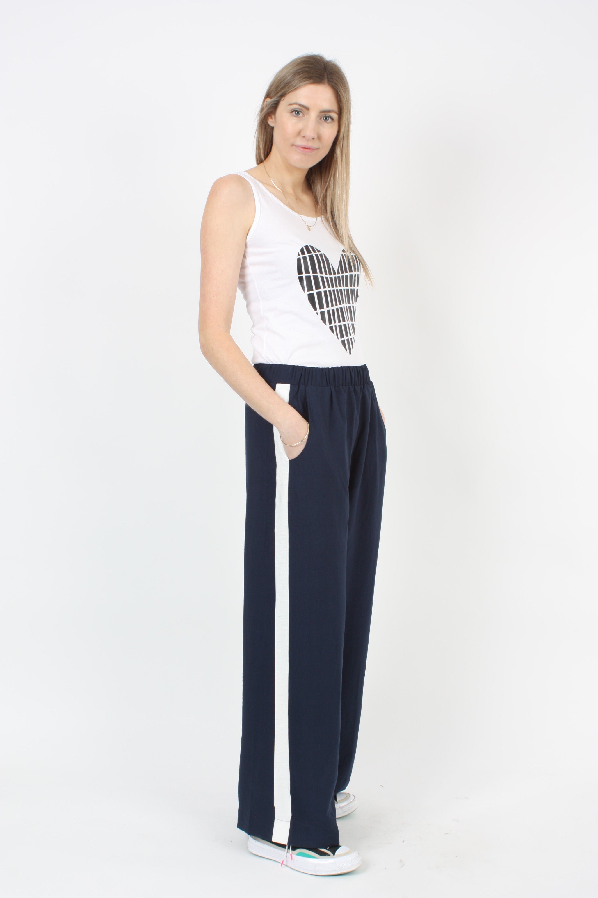 Navy white striped trousers online