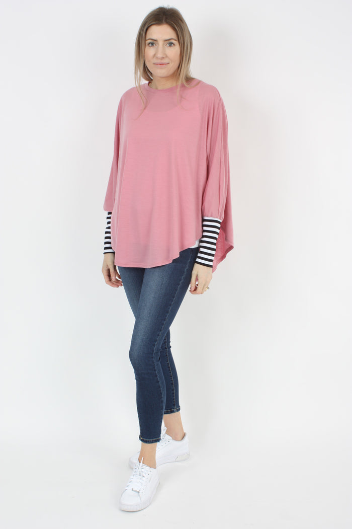 Poncho Plain Rose Pink Merino - Black Stripe Sleeve - Pre Order 2- 3 Weeks