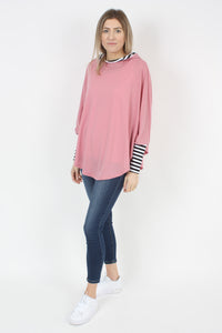 Hooded Poncho - Rose Pink Merino - Thin Stripe Trims - Pre Order 2 - 3 weeks