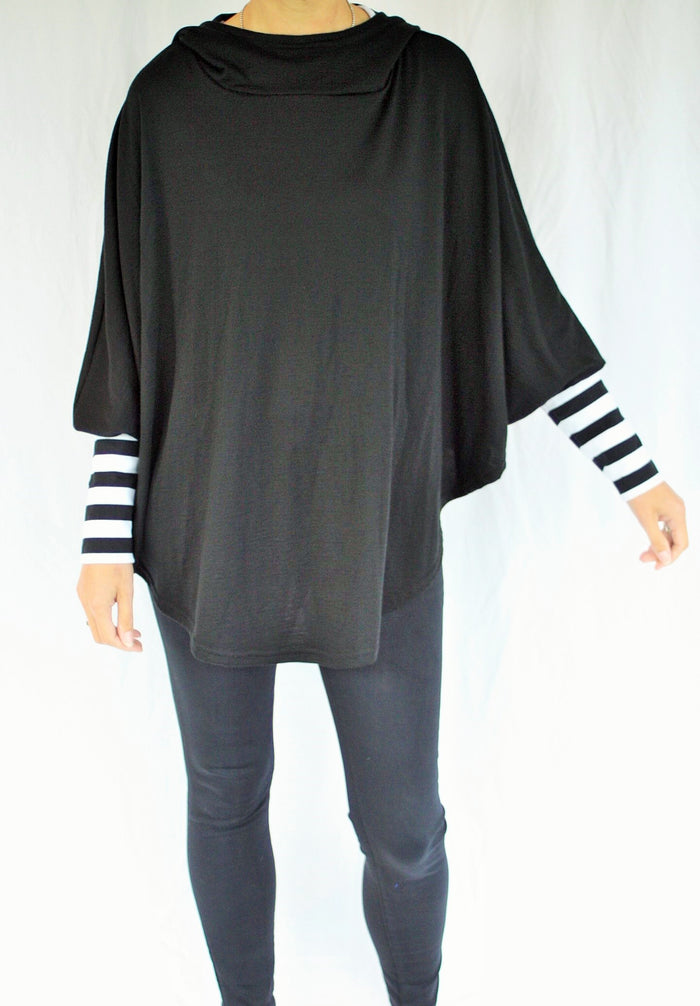 Hooded Poncho - Black Merino - Wide Black White Stripe Sleeve - Pre-Order 2-3 weeks