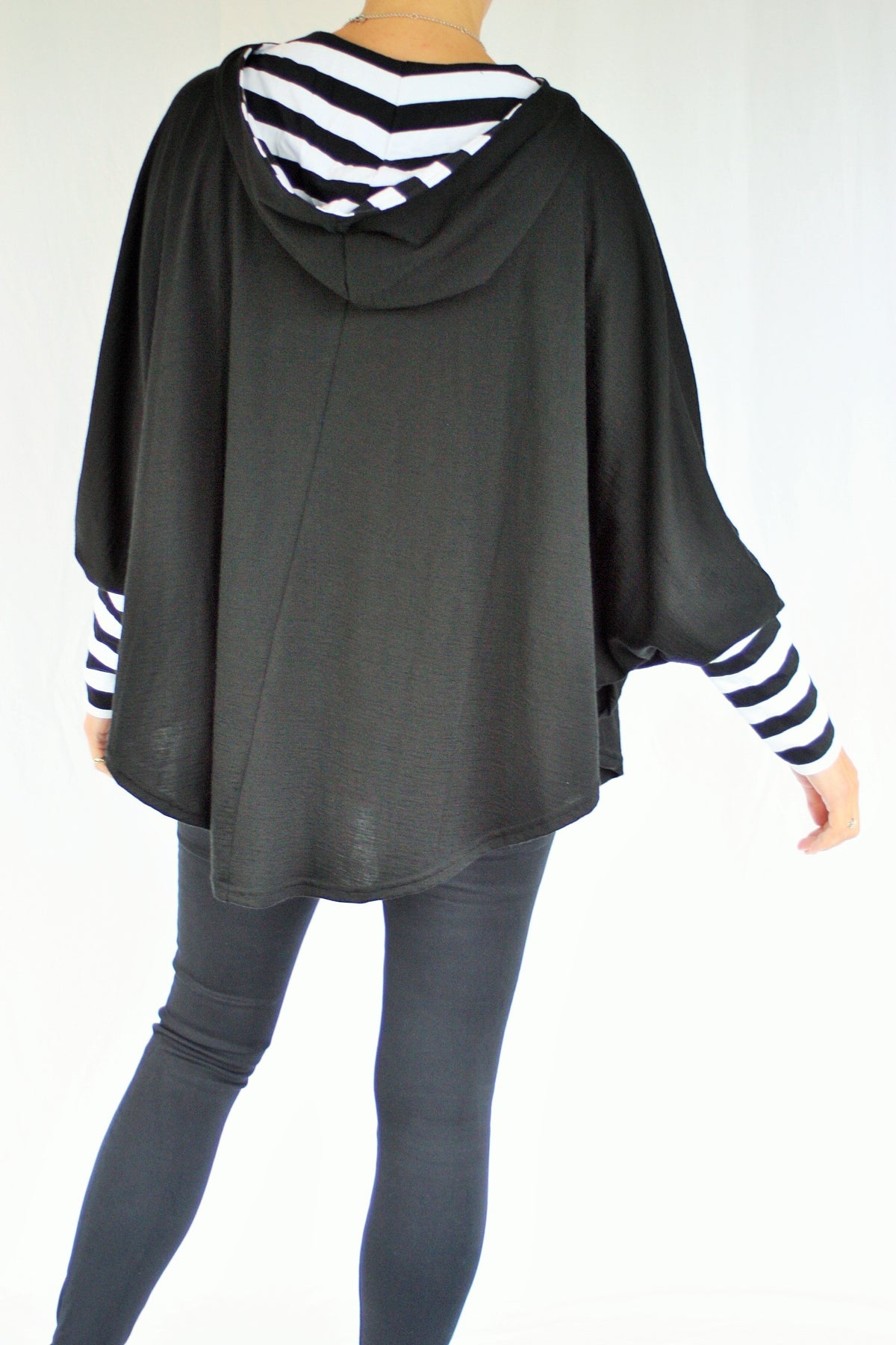 Hooded Poncho - Black Merino - Wide Black White Stripe Sleeve - Pre-Order 2-3 weeks