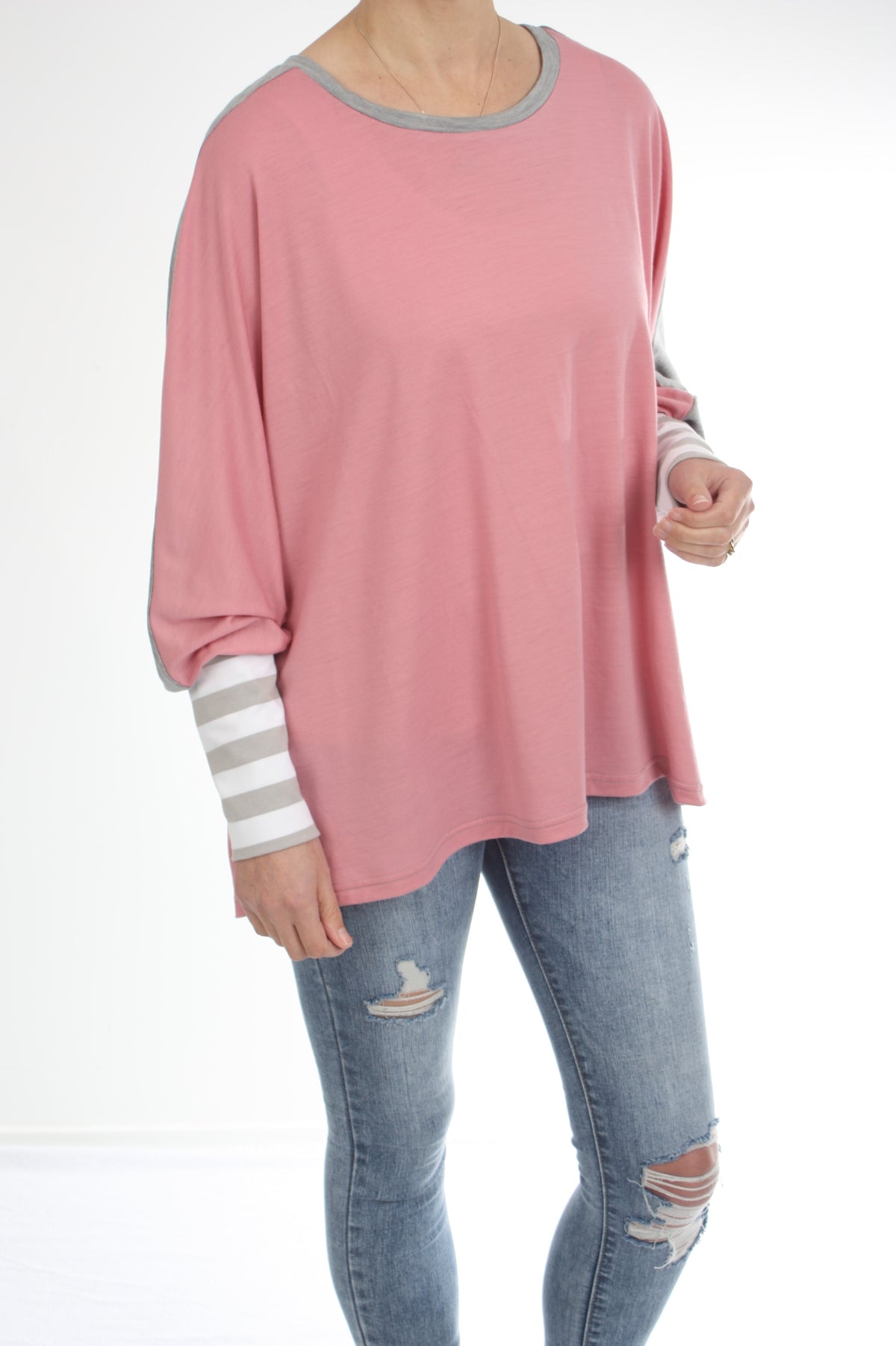 Alexa Top - Merino - Reversible Pink/Grey - Wide Stripe Cuff - Pre-Order
