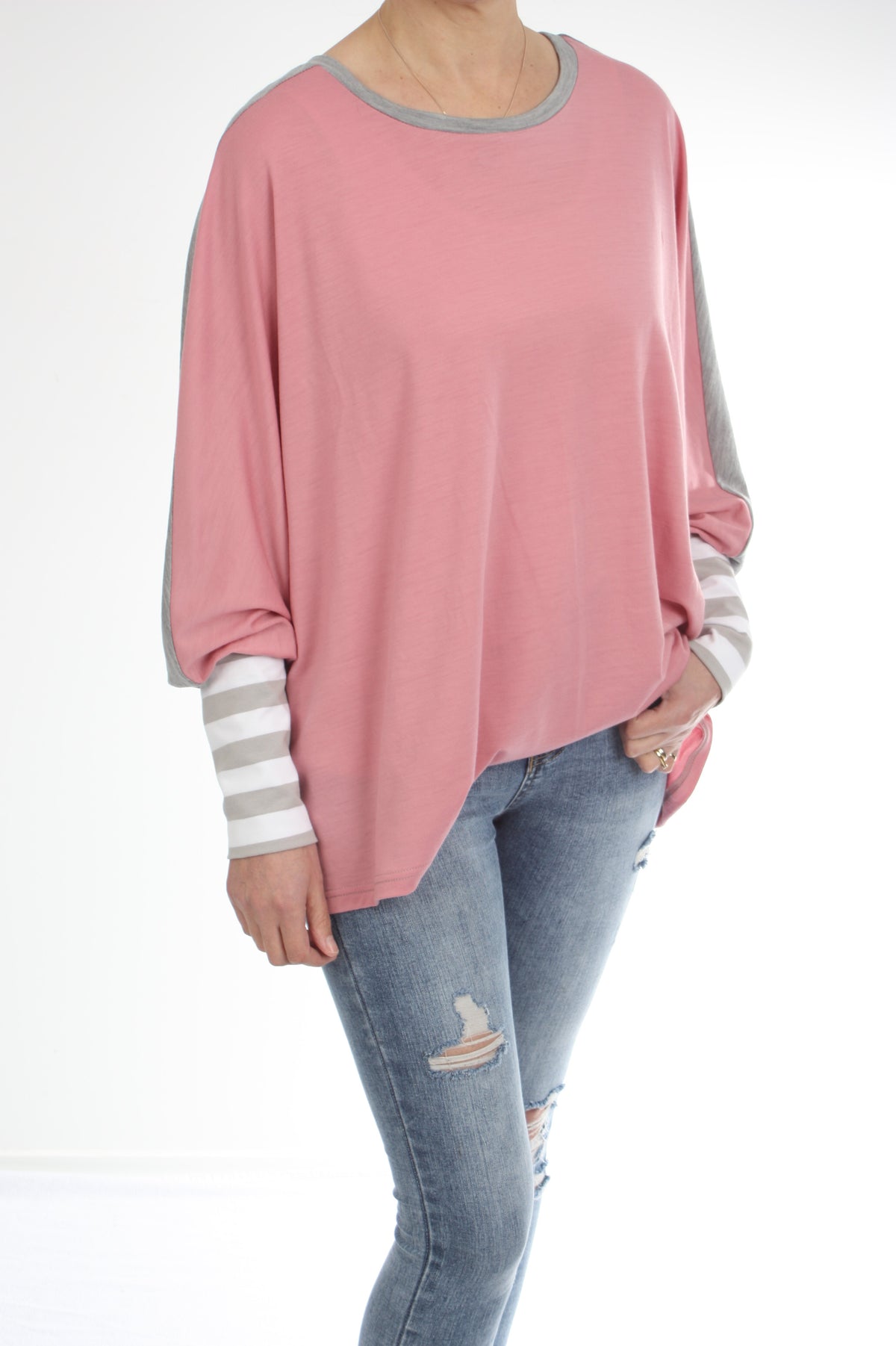 Alexa Top - Merino - Reversible Pink/Grey - Wide Stripe Cuff - Pre-Order