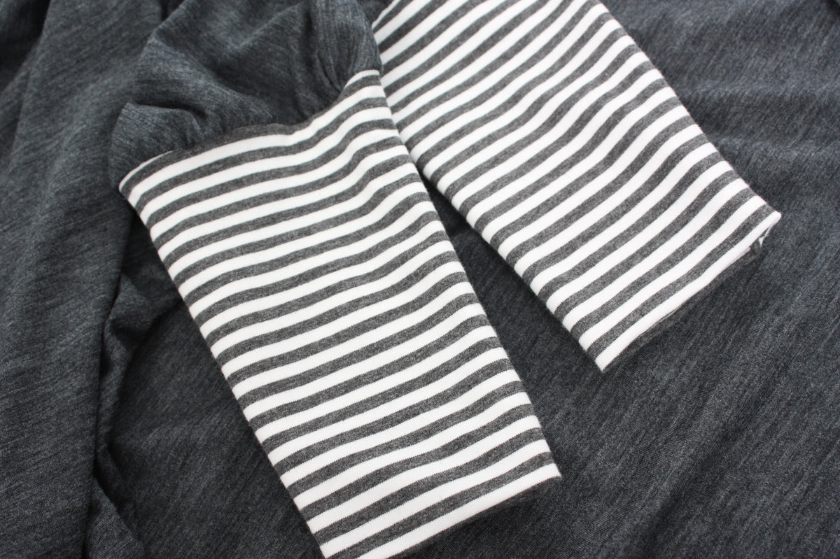 Cardi Charcoal Merino - Charcoal and White Stripe Cuffs - pre-order 2-3 weeks