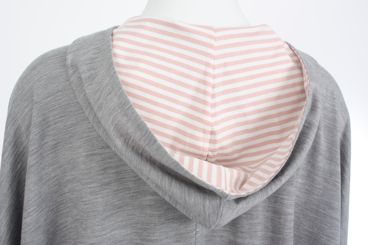 Hooded Poncho - Grey Merino - Pink and White Stripe trims - Pre-Order 2-3 weeks