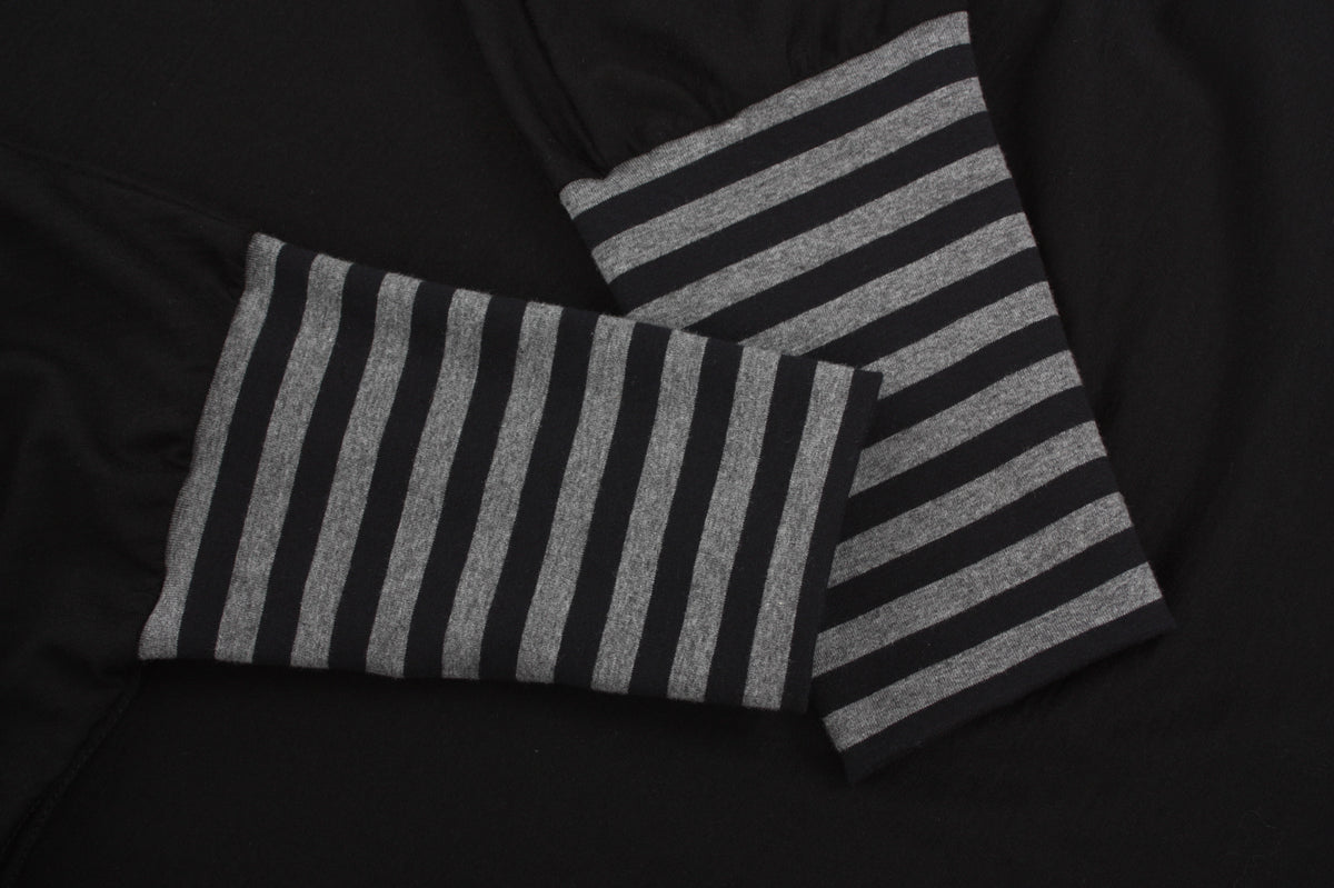 Hooded Poncho - Black Merino - Black and Charcoal Stripe Trims
