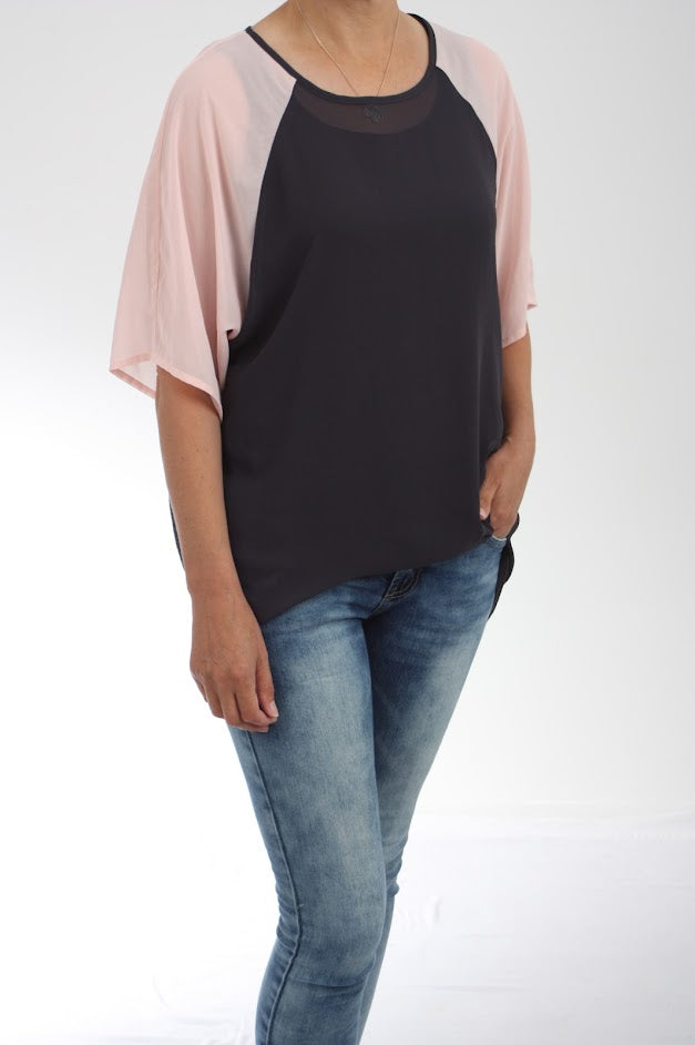 Kendra Top - Charcoal Body Pink Sleeve - Pre-Order