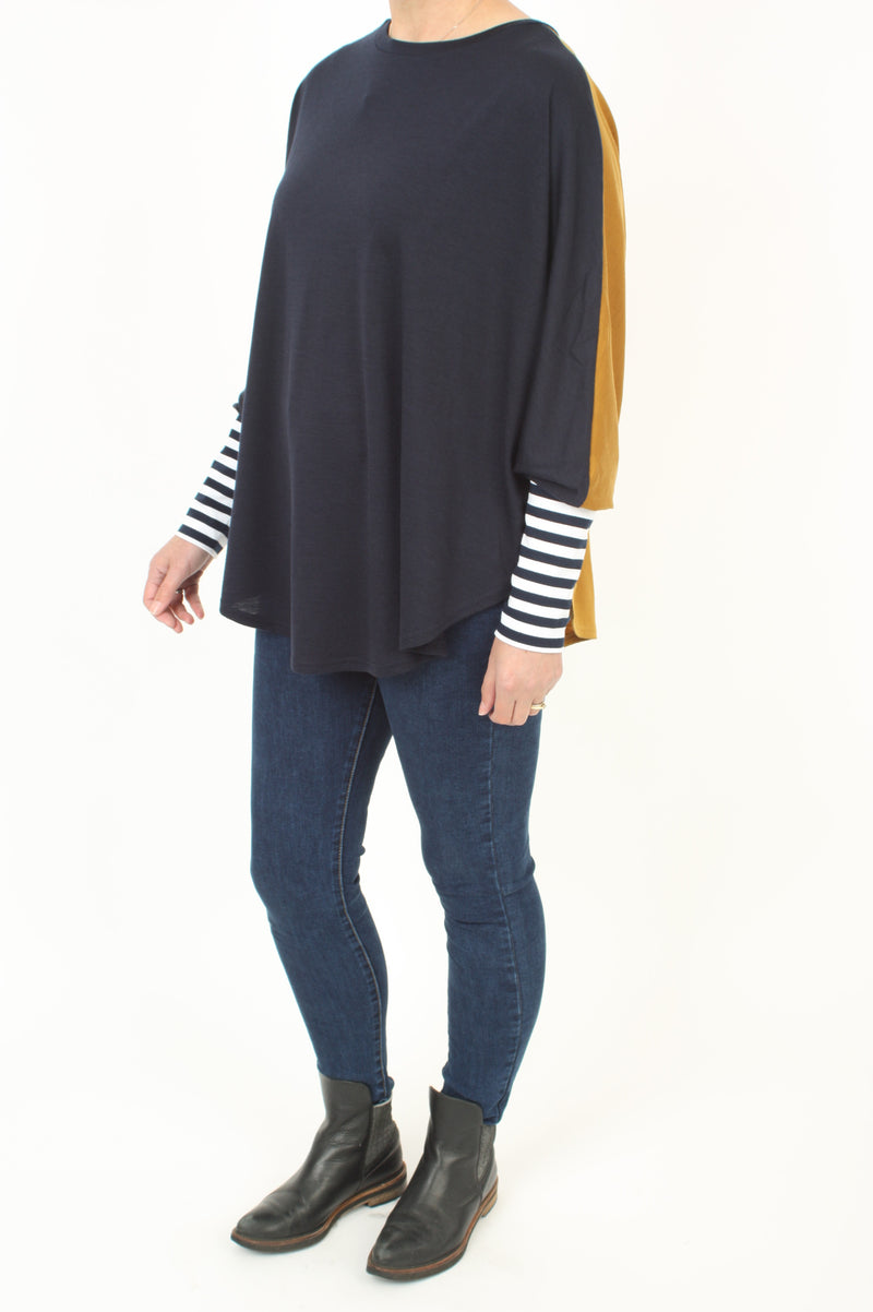 Poncho Merino Reversible - Navy and Mustard with Navy and White Stripe Cuff - Pre Order 2 - 3 Weeks