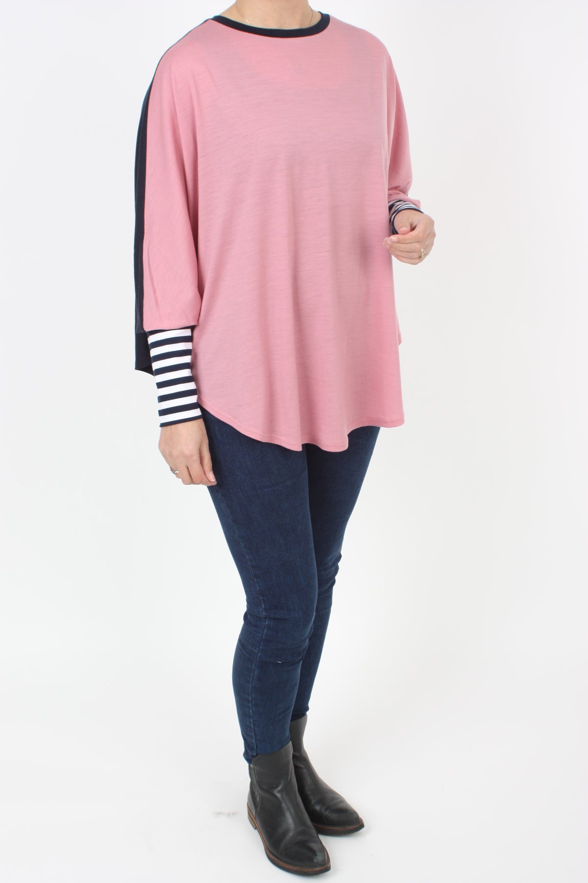Poncho Merino Reversible - Navy and Pink with Navy and White stripe Cuff - Pre Order 2 - 3 Weeks