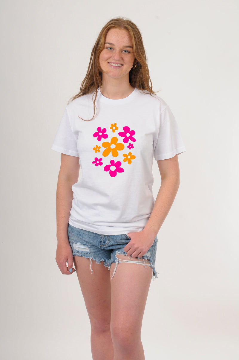 Tee Shirt - Pink and Orange Flower Bunch Print - Pre Order
