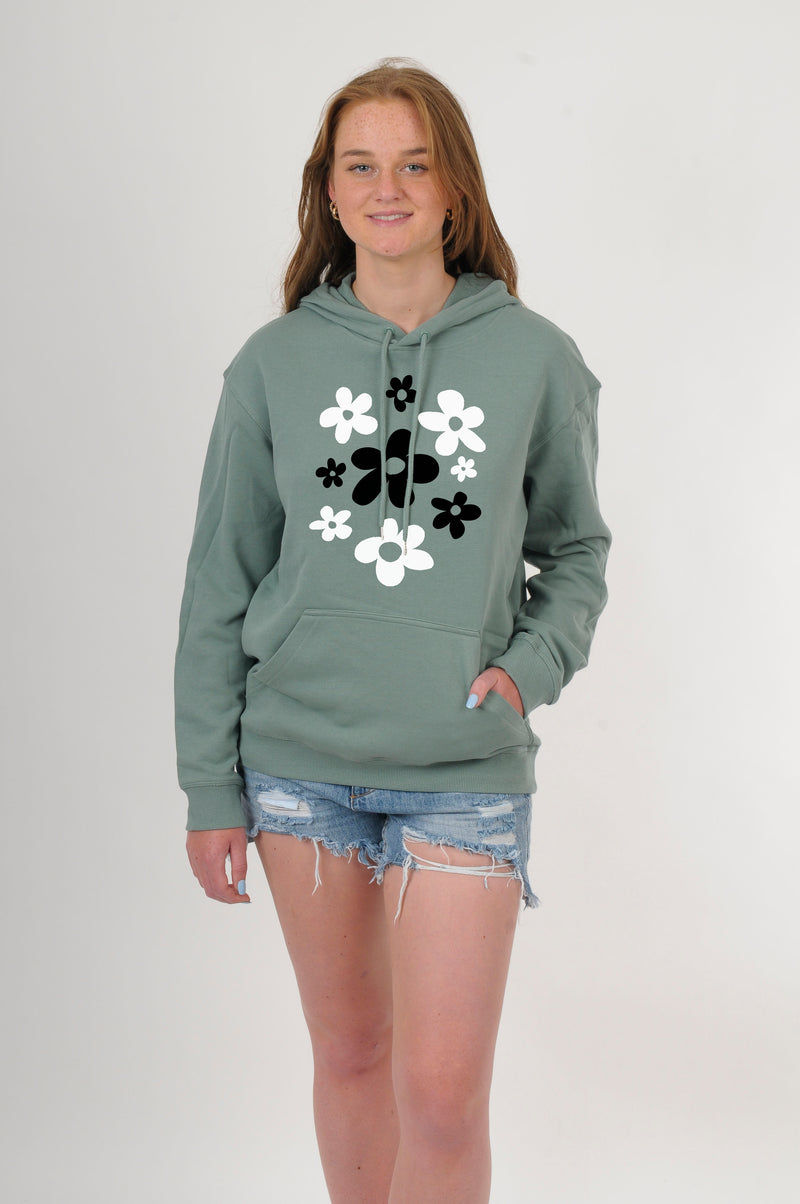 Hoody - Sage with Black white Flower Bunch Print - Pre Order